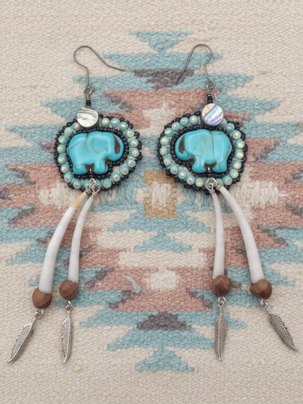 Handmade Turquoise-Colored Buffalo Bead Dangle Earrings, Shell Bead Crystal